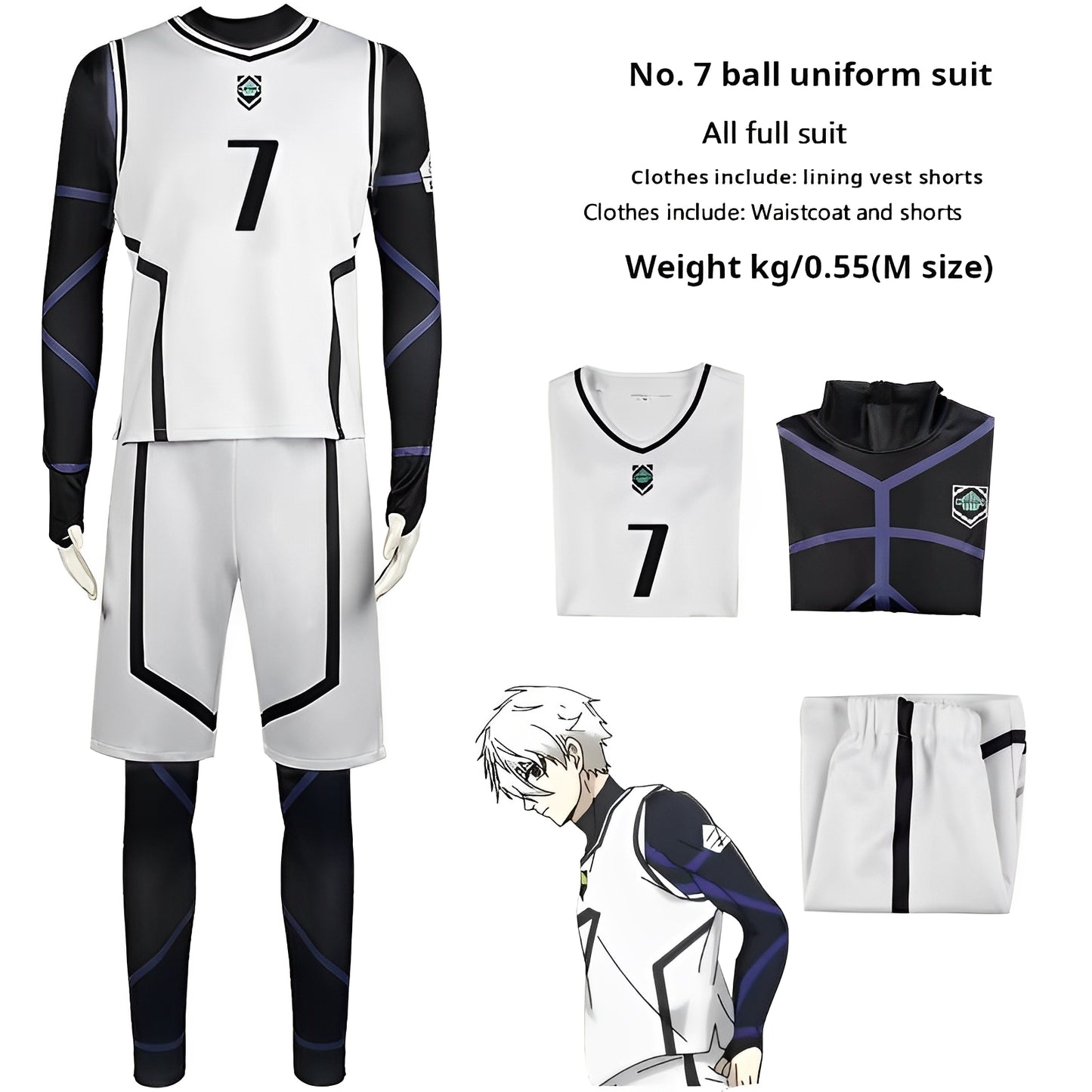 Seishiro Nagi Cosplay Set(White 7) Blue Rock Soccer Uniform Anime Japan